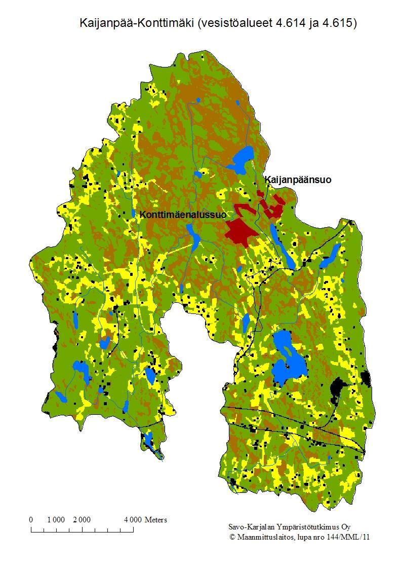 Vesistöalueen maankäyttö (vihreä=metsä, keltainen=pelto, sininen=vesistö,