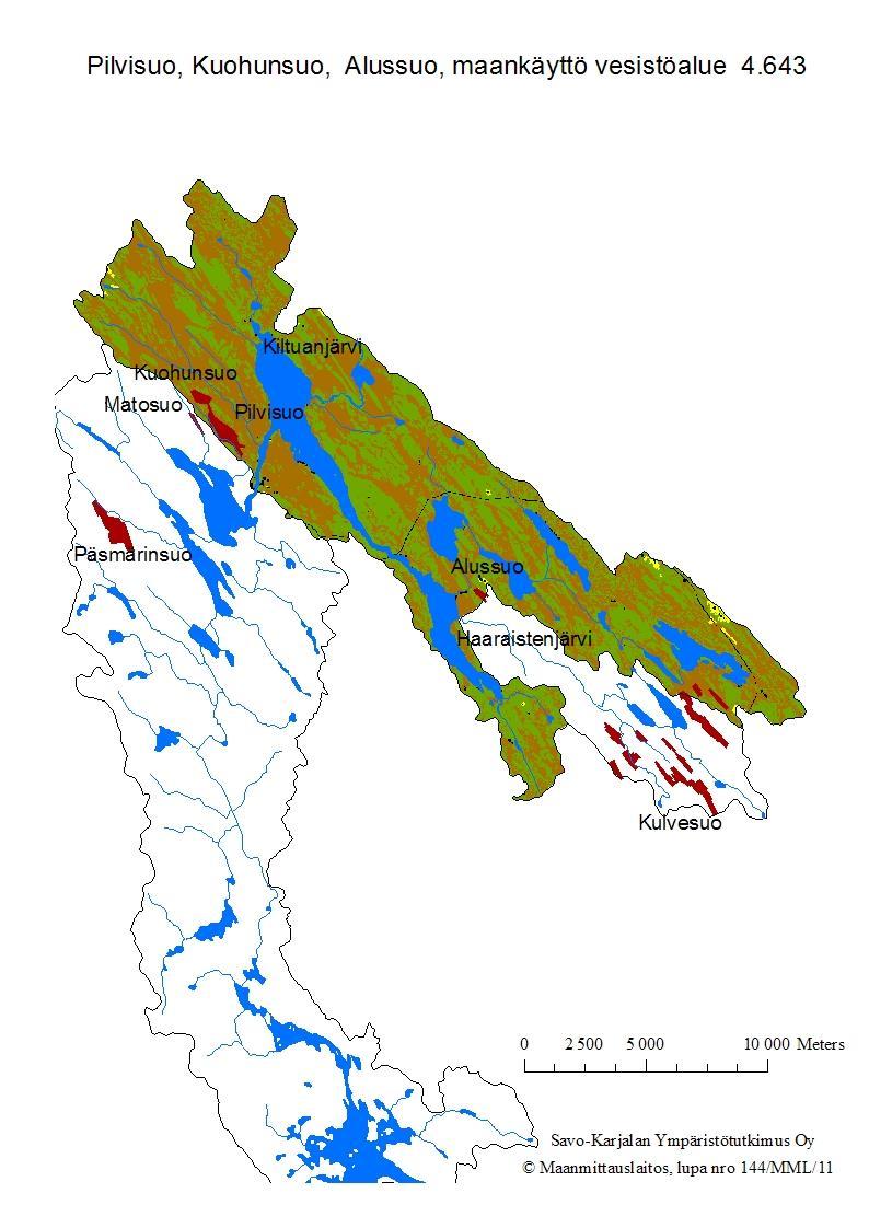 Vesistöalueen maankäyttö (vihreä=metsä, keltainen=pelto, sininen=vesistö, ruskea=turvemaat, musta=rakennettu