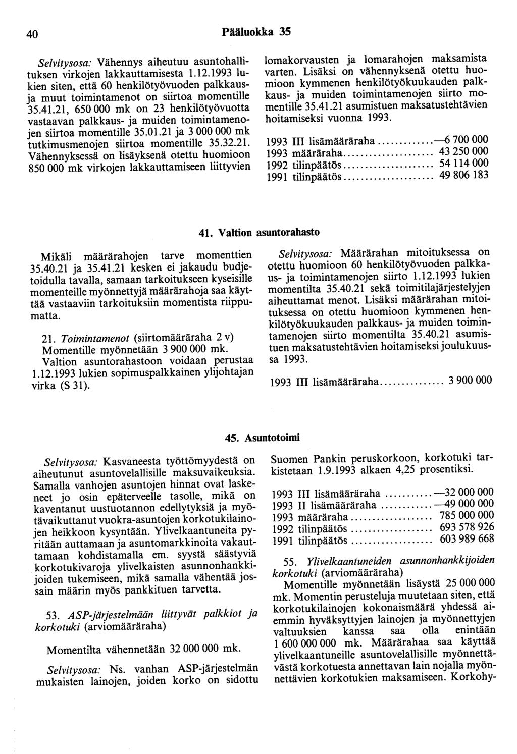40 Pääluokka 35 Selvitysosa: Vähennys aiheutuu asuntohallituksen virkojen lakkauttamisesta 1.12.1993 lukien siten, että 60 henkilötyövuoden palkkausja muut toimintamenot on siirtoa momentille 35.41.