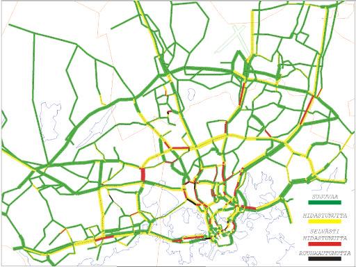KUVA 11 Ajoneuvoliikenteen ruuhkautuvuus nykyverkolla, aamuruuhkatunti v. 2000.