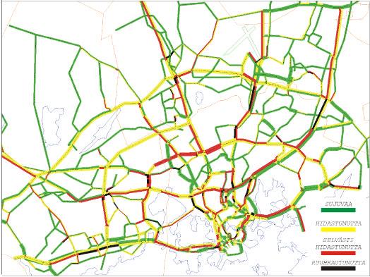 >10%, <30% Selvästi hidastunutta nopeusalenema>30%, <50% Ruuhkautunutta nopeusalenema>50% KUVA 12 Ajoneuvoliikenteen sujuvuus