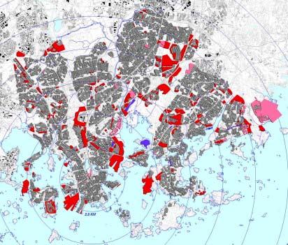 T21188VL 3 3 Kuva B. Maankäytön muutosalueet. Asemakaavoitetut ja rakennettavissa olevat alueet on osoitettu vaaleanpunaisella, uudet asunto- ja muut rakentamisalueet (20 v.