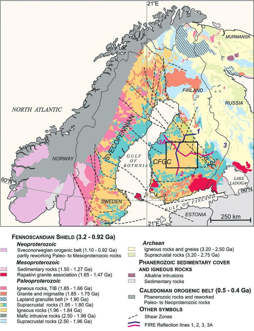 Kuva 1. Fennoskandian litologiset pääyksiköt (Lahtinen et al. 2005) ja seismiset linjat FIRE 1 3 ja 3A Tutkimusalue rajattu laatikolla (Kukkonen et al. 2006).