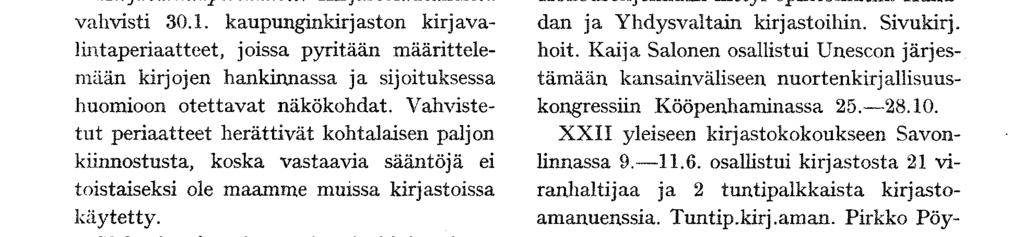 tettyyn Apul.kirj.joht. Eila Wirla 1.9. K edustajiston (IFLA General Council) 33. kokoukseen Torontossa ja piti siellä esitelmän Kirj< itteet. Kirjastolautakunta vahvisti 30.1. kirjavapyritään määrittele- lintaperiaatteet, kirjojen ja sijoituksessa otettavat näkökohdat.