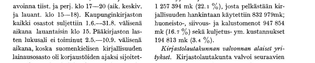 voi vuoden aikana 54 619 kirjalla ja teosten Kirjastoon tilattiin tai saatiin vapaakappavuosikertaa. Sanomalehtivuolikertojen ko- Aukioloajat. Kirjaston aukioloajat olivat a tiin 1.1.1967 alkaen siten, että kirjasto oli avoinna tiist.