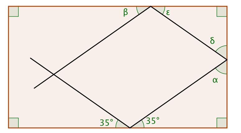 4. Biljardipallo kimpoaa reunasta samassa kulmassa kuin se tulee siihen, joten kulma α saadaan laskettua suorakulmaisesta kolmiosta, jossa on α ja suora kulma sekä 35 kulma.