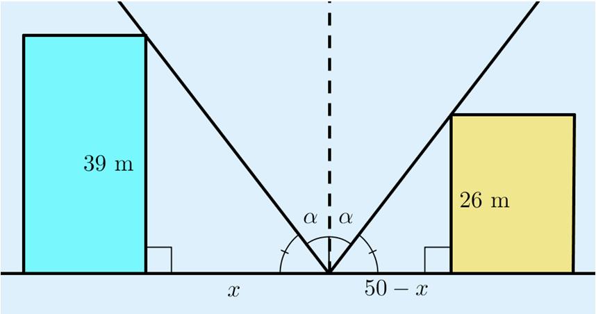 46. Merkitään tähtiharrastajan etäisyyttä korkeammasta talosta kirjaimella x. Tällöin tähtiharrastajan etäisyys matalammasta talosta on 50 x. Tarkastellaan muodostuneita kolmioita.