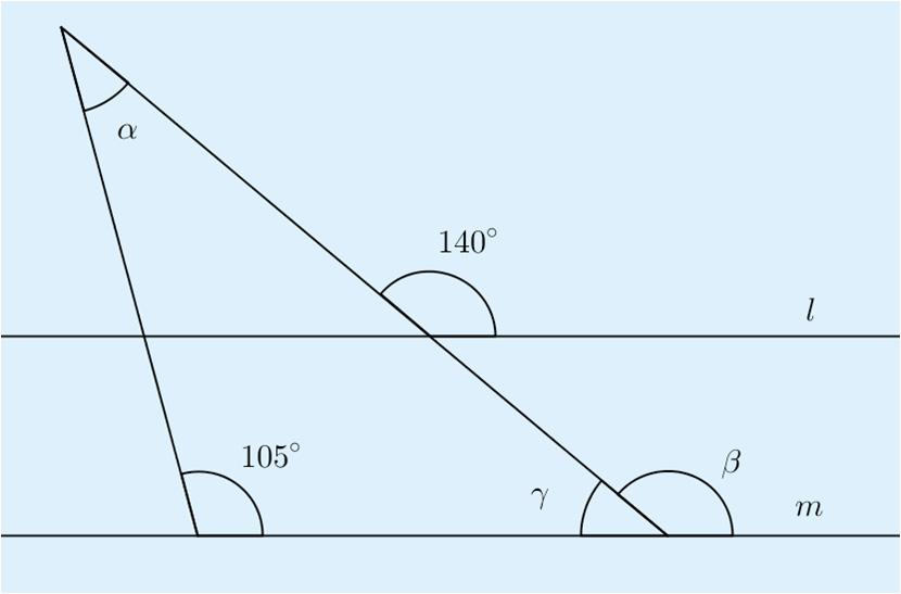 09. a) Suorat l ja m ovat yhdensuuntaisia, joten samankohtaiset kulmat 40 ja β ovat yhtä suuria eli β 40. Kulmat β ja γ ovat vieruskulmia, joten γ 80 40 40.