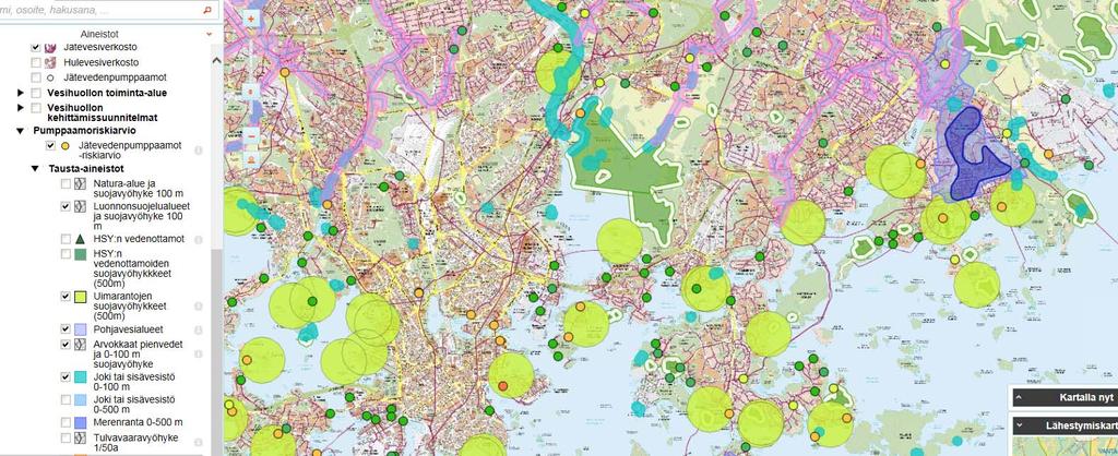Pumppaamoiden riskiluokitus Pumppaamot ja herkät kohteet samalla kartalla HSY:n SeutuRuutupalvelussa paikkatietoon perustuva pumppaamokohtainen riskiarvio Natura-alueet ja luonnonsuojelualueet,