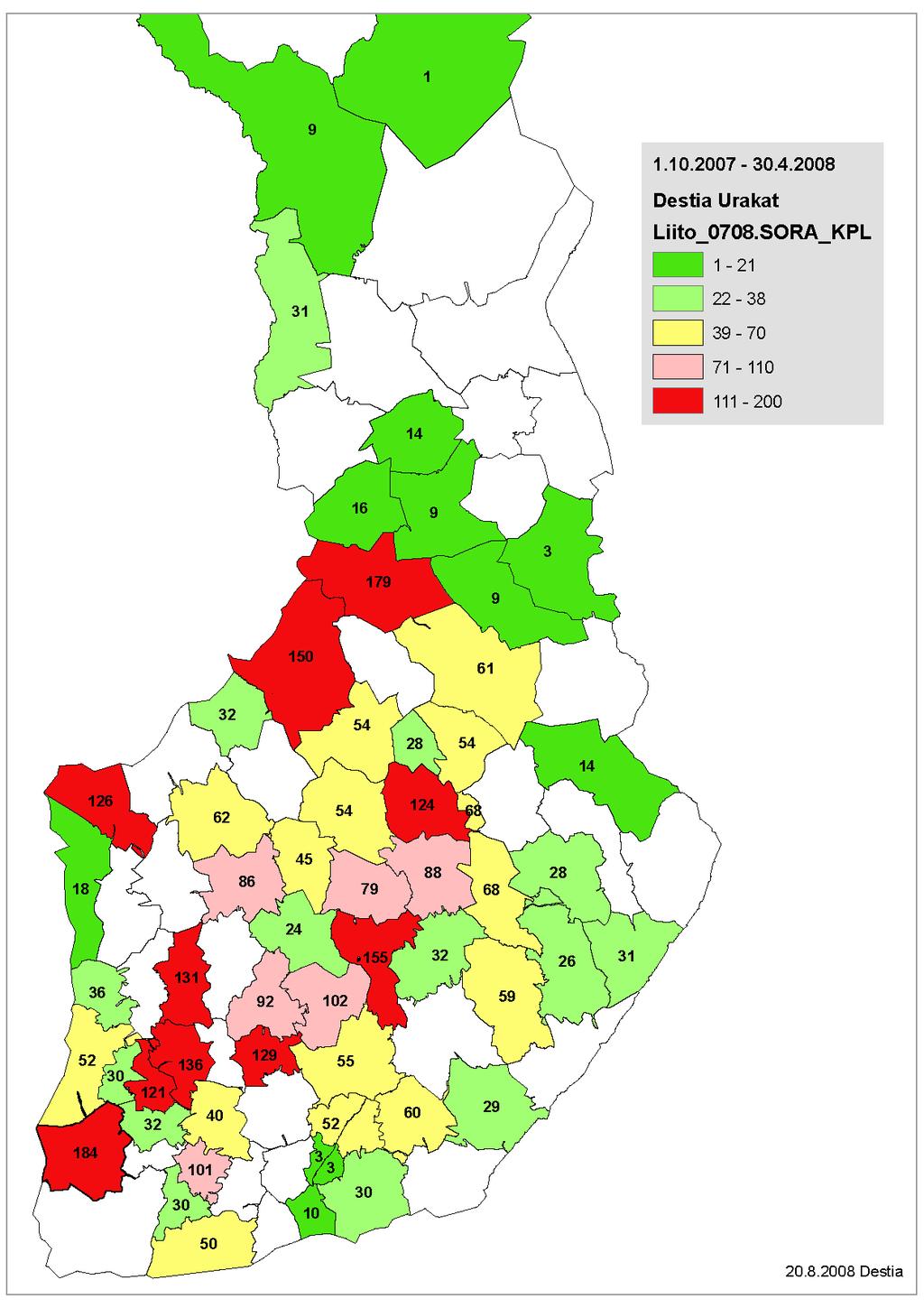 TAMPEREEN AMMATTIKORKEAKOULU OPINNÄYTETYÖ 54 (61) 6.4 Liito-viestien jakautumat Destian alueurakoissa Kuvissa 25 ja 26 näkyvät Destian alueurakoissaan saamat Liito-viestit 1.10.2007-30.4.2008 koko maassa.