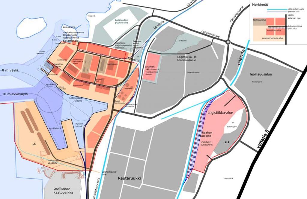 2.6 Lapaluodon satamanosa v.2030, Aluetarveselvitys ja liittyminen kaupunkirakenteeseen. Aluetarveselvityksessä on varauduttu suunnittelualueen teollisuuskäyttöön.