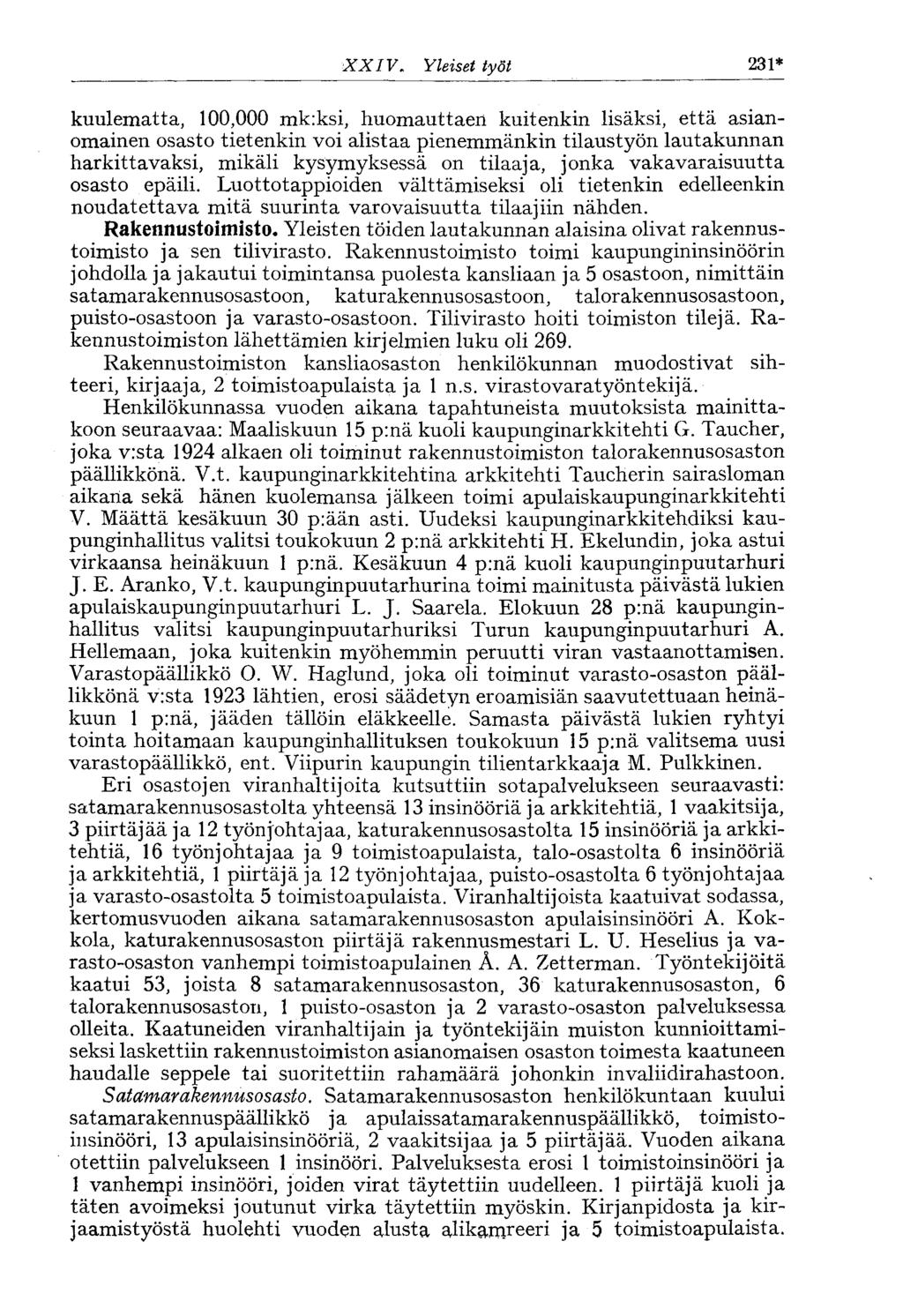 XXIV. Yleiset työt 231* kuulematta, 100,000 mk:ksi, huomauttaen kuitenkin lisäksi, että asianomainen osasto tietenkin voi alistaa pienemmänkin tilaustyön lautakunnan harkittavaksi, mikäli