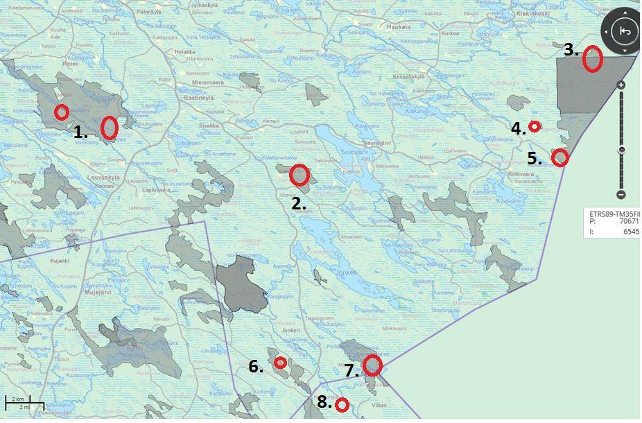 15 Kuva 5. Tutkimuspyydysten sijainti Kuhmossa ja Lieksassa ympyröitynä punaisella. Suojelualueet (tumma) ja Natura 2000 alueet (vaalea) on merkitty harmaalla (Paikkatietoikkunan mukaan 2013) 1.
