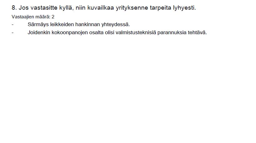 42 Muita valmistusteknisiä tarpeita ei juuri löytynyt tai tilanteesta oltiin varsin epävarmoja: Ja näin kaksi kyllä-vastaajaa tilannettaan