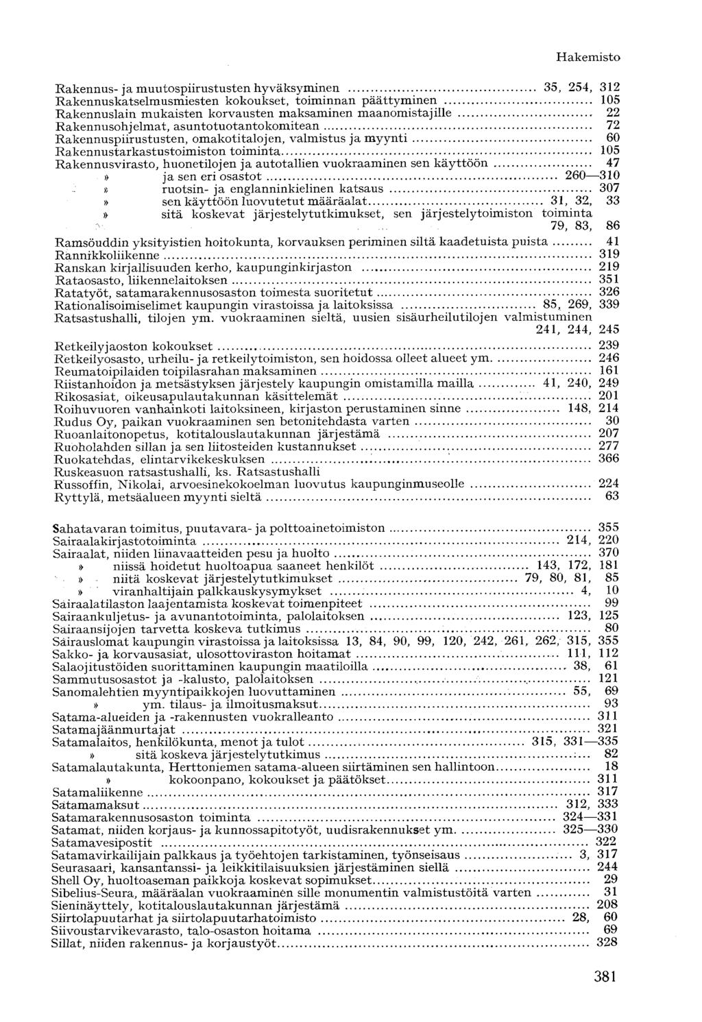 Rakennus-ja muutospiirustusten hyväksyminen 35, 254, 312 Rakennuskatselmusmiesten kokoukset, toiminnan päättyminen 105 Rakennuslain mukaisten korvausten maksaminen maanomistajille 22