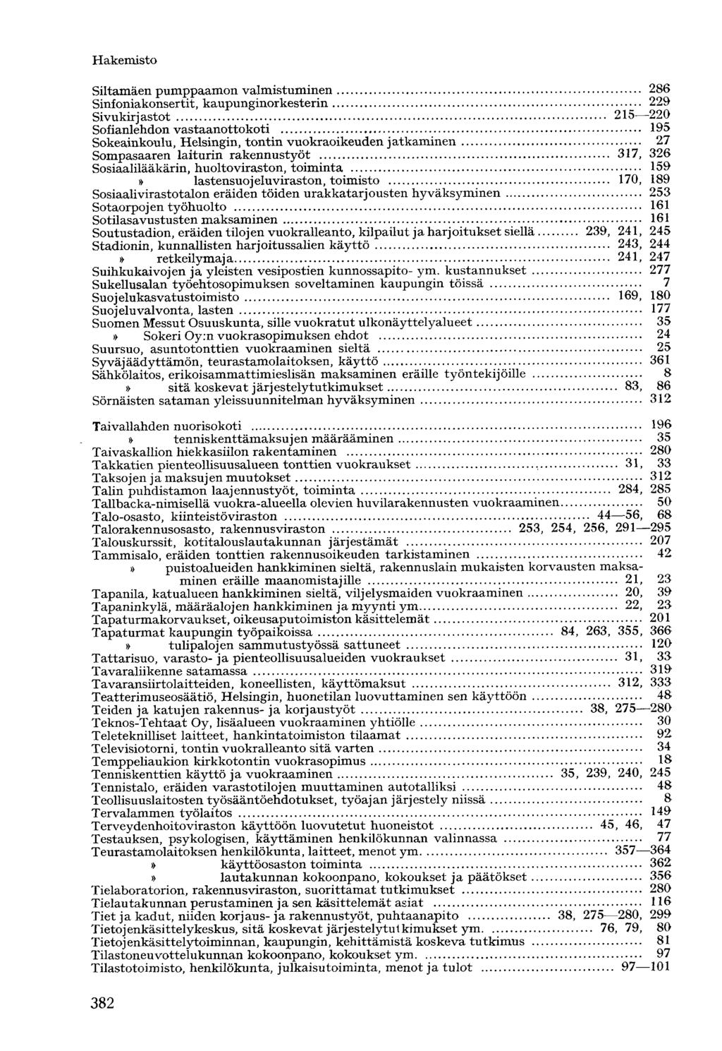 Siltamäen pumppaamon valmistuminen 286 Sinfoniakonsertit, kaupunginorkesterin 229 Sivukirjastot 215 220 Sofianlehdon vastaanottokoti 195 Sokeainkoulu, Helsingin, tontin vuokraoikeuden jatkaminen 27