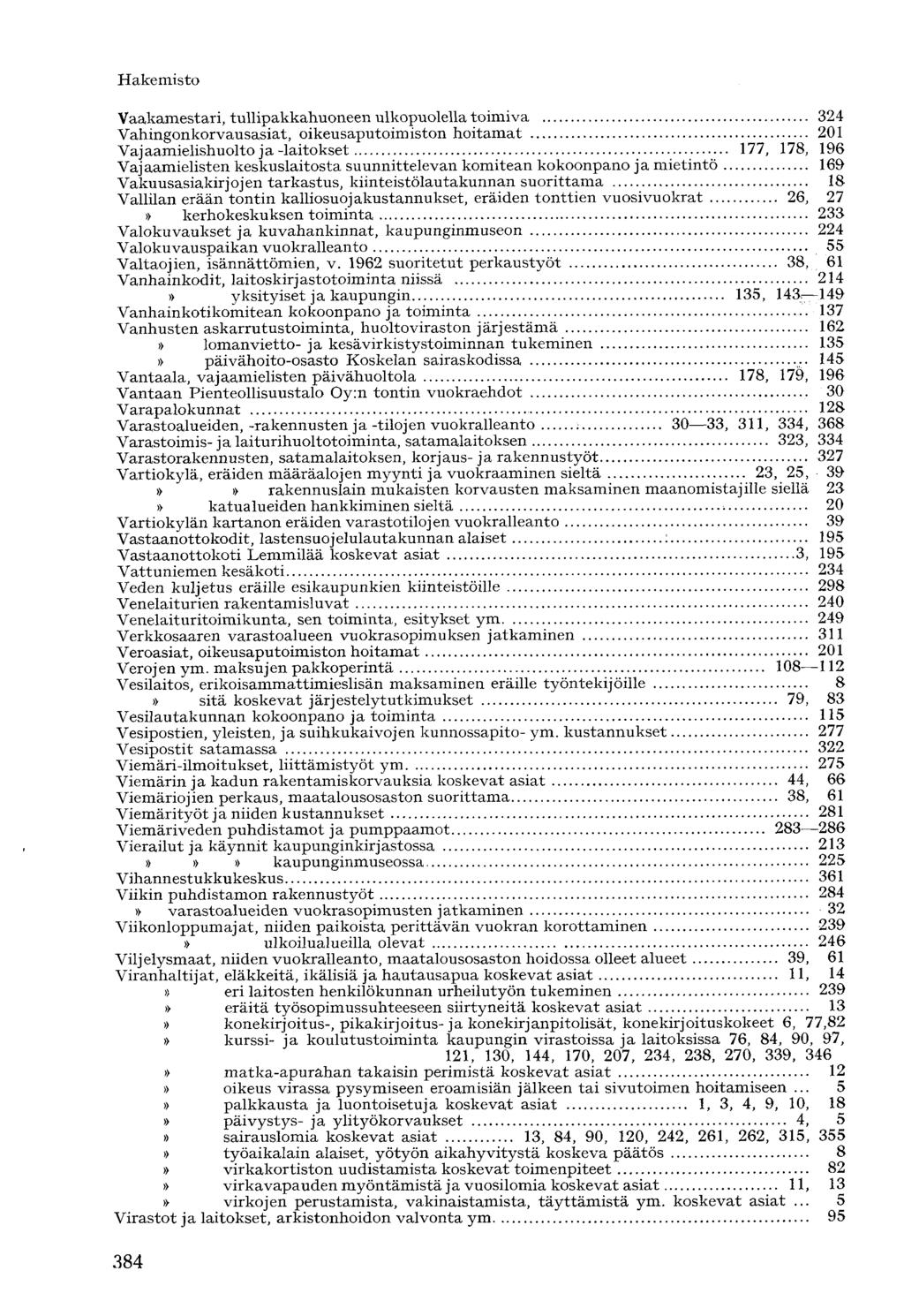 Vaakamestari, tullipakkahuoneen ulkopuolella toimiva 324 Vahingonkorvausasiat, oikeusaputoimiston hoitamat 201 Vajaamielishuolto ja-laitokset 177, 178, 196 Vajaamielisten keskuslaitosta