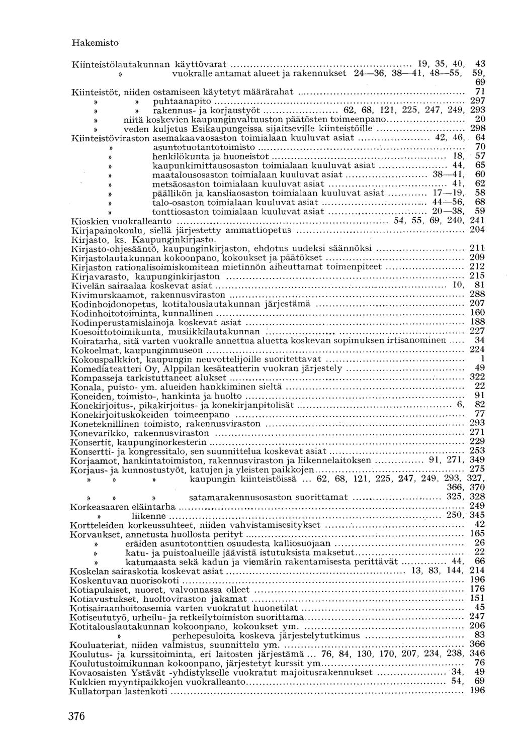 Kiinteistölautakunnan käyttövarat 19, 35, 40, 43 vuokralle antamat alueet ja rakennukset 24 36, 38 41, 48 55, 59, 69 Kiinteistöt, niiden ostamiseen käytetyt määrärahat 71 puhtaanapito 297 rakennus-ja