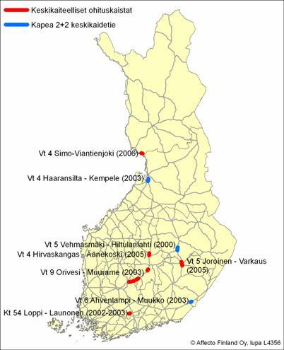 Keskikaidetiet Suomessa Kesään 2006 mennessä keskikaiteita tehty 8 kohteessa yhteensä 62 km Käynnissä olevien kohteiden myötä keskikaidepituus nousee yli 100 km Tavoitteena