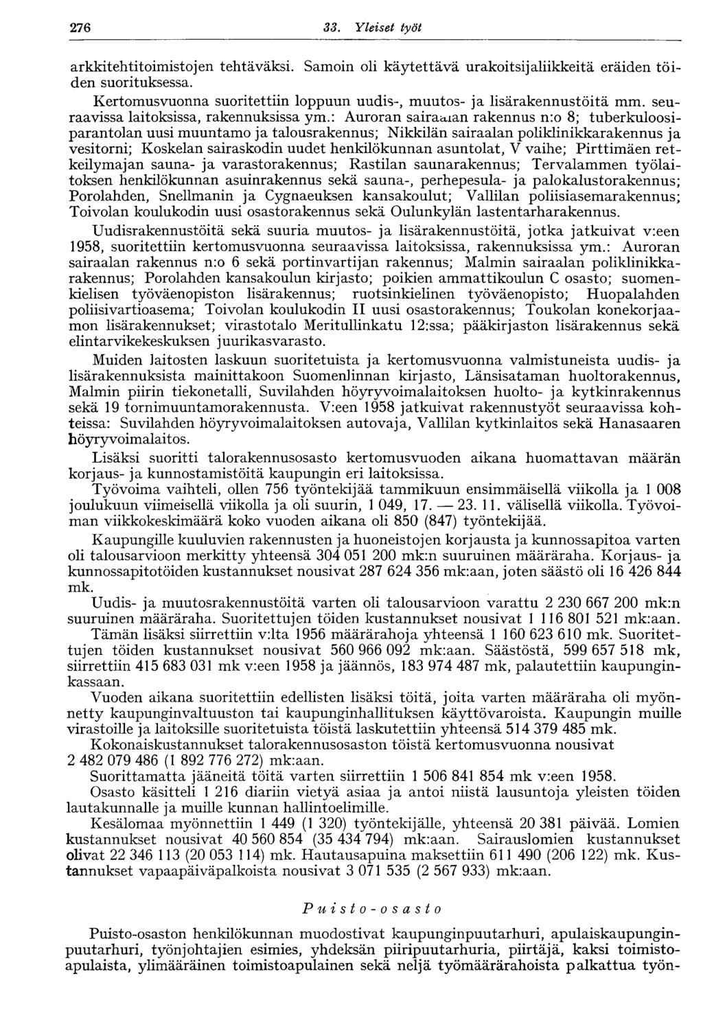 276 SS. Yleiset työt arkkitehtitoimistojen tehtäväksi. Samoin oli käytettävä urakoitsijaliikkeitä eräiden töiden suorituksessa.