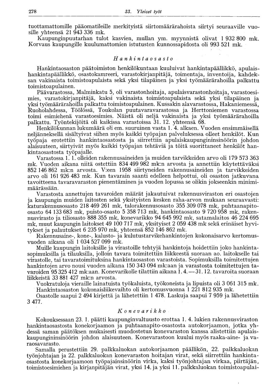 278 SS. Yleiset työt tuottamattomille pääomatileille merkityistä siirtomäärärahoista siirtyi seuraaville vuosille yhteensä 21 943 336 mk. Kaupunginpuutarhan tulot kasvien, mullan ym.