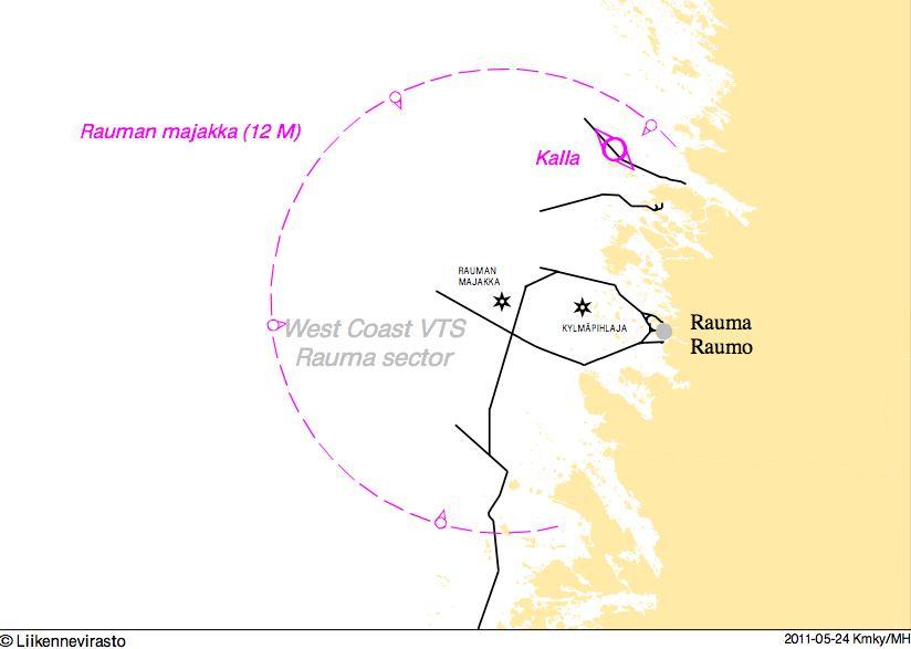1.3 VTS- ja valvontajärjestelmät Kuva 6. Rauman VTS-alue (Kuva: Liikennevirasto) West Coast VTS-alue kattaa Selkämeren rannikon Rauman ja Porin edustalla.