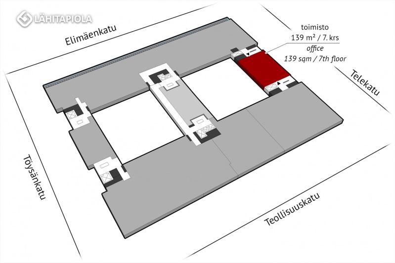Toimisto 139 m² / 7. krs. Vuokrattavana pieni ja näppärä ylimmän kerroksen toimistotila, Vallilassa Helsingissä.