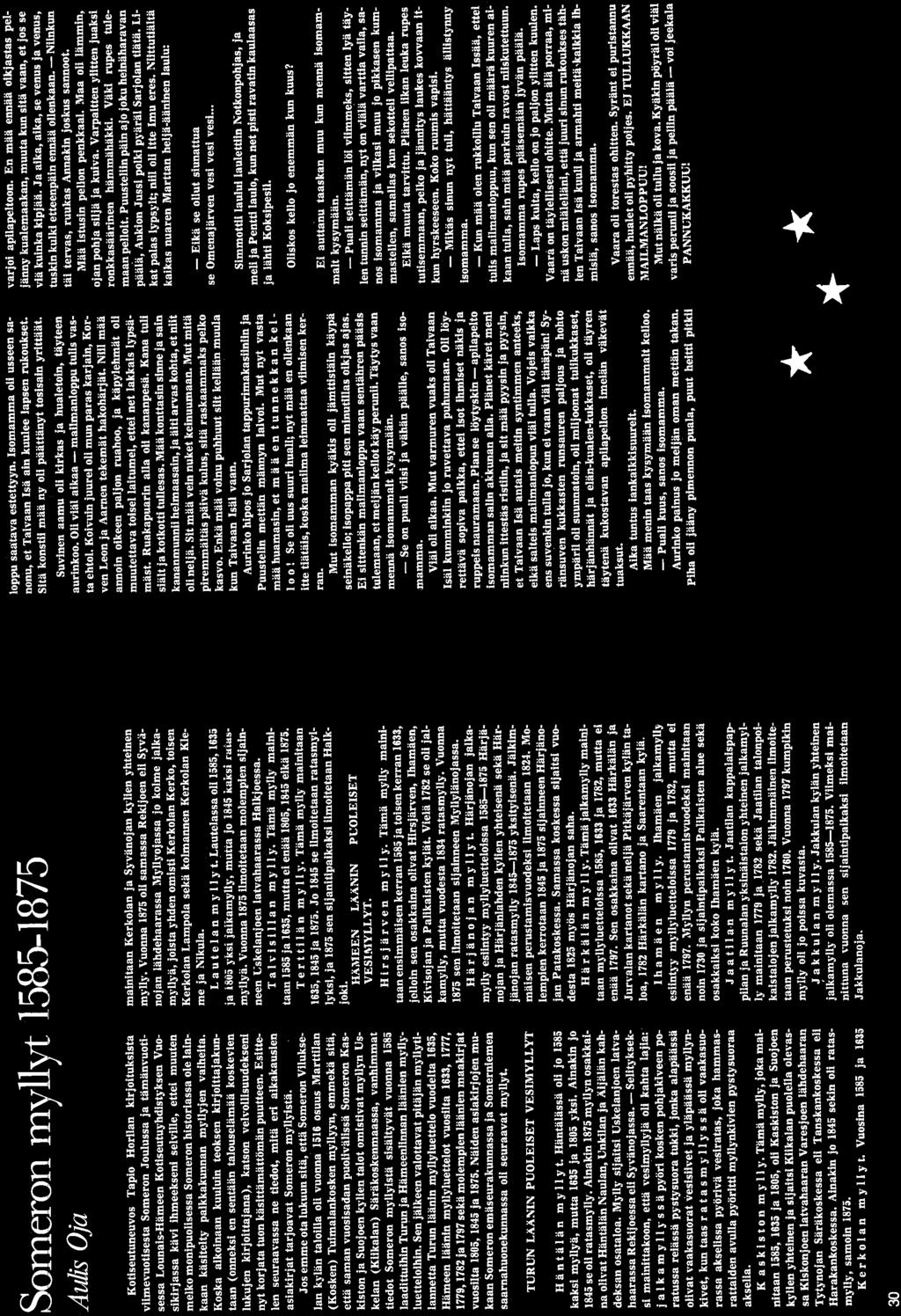Someron myllyt 1585-1875 Azdis Oja Kotiseutuneuvos Tapio Horilan kirjoituksista viimevuotisesta Someron Joulussa ja tämänvuotlsessa Lounais-Hämeen Kotlseutuyhdistyksen Vuosikirjassa kävi ihmeekseni