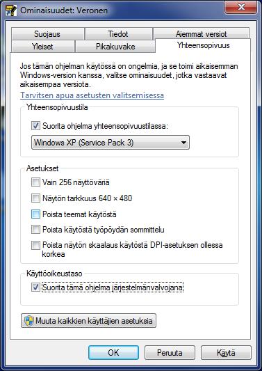 Huomaa, että Suorita tämä Järjestelmänvalvojana ei ole sama kuin se, että tunnuksellasi on järjestelmänvalvojan oikeudet.