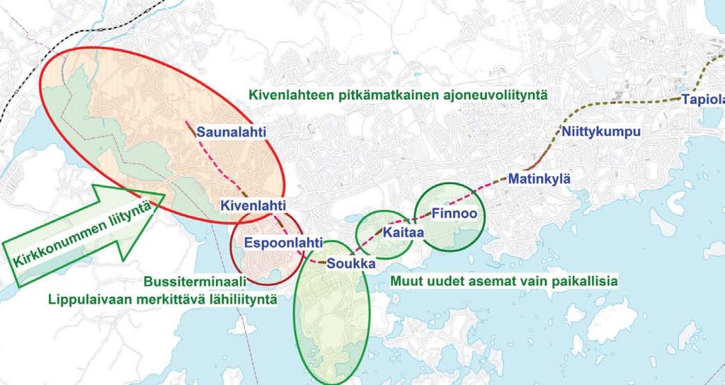 12 12 Matinkylä Kivenlahti metro, alustava yleissuunnitelma LIIKENNE-ENNUSTE Kuvassa 9. on kuvattu eri asemien luonnetta liityntäliikenteen kannalta.