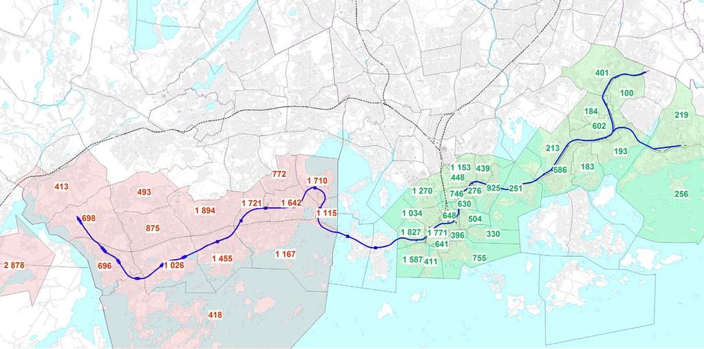 Matinkylä Kivenlahti metro, alustava yleissuunnitelma LIIKENNE-ENNUSTE 13 13 Kuva 12. Joukkoliikenteen matkojen osuus moottoroiduista matkoista aamuhuipputunnissa 20