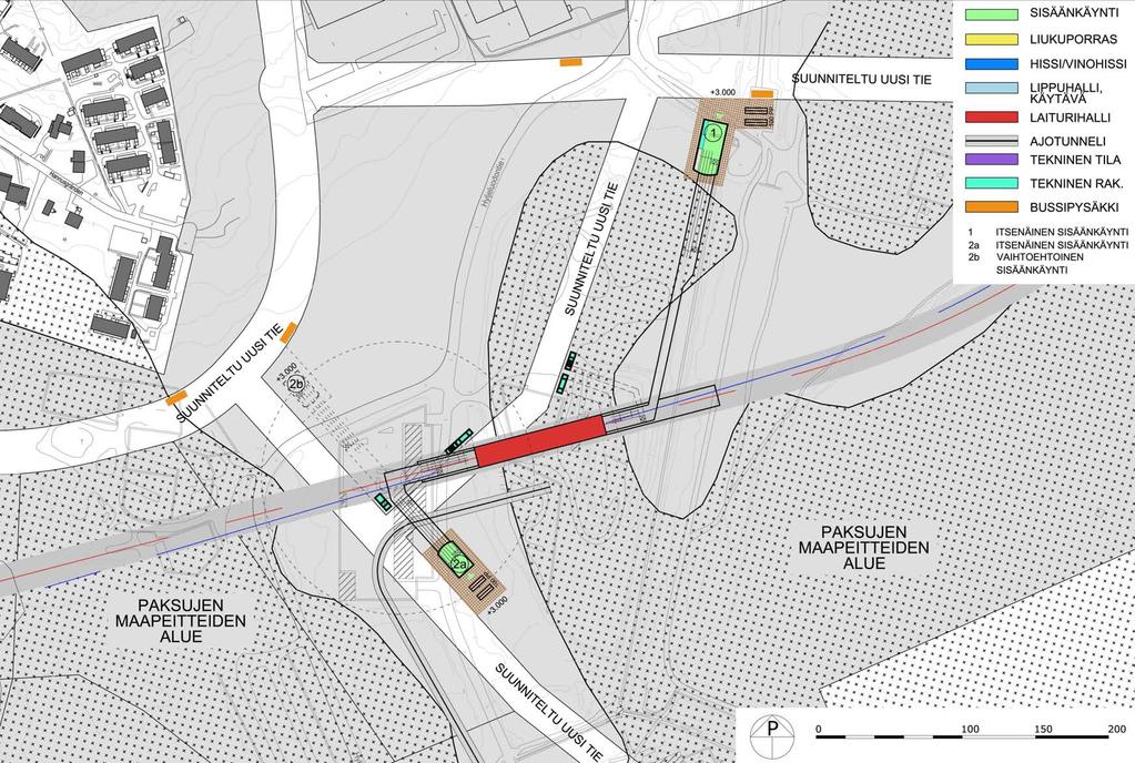 24 24 Matinkylä Kivenlahti metro, alustava yleissuunnitelma SUUNNITELMAT 5.2 Asemat 5.2.1. Finnoon asema Aseman sijainnin ja ratalinjauksen on vahvasti määrännyt kallio-olosuhteet.