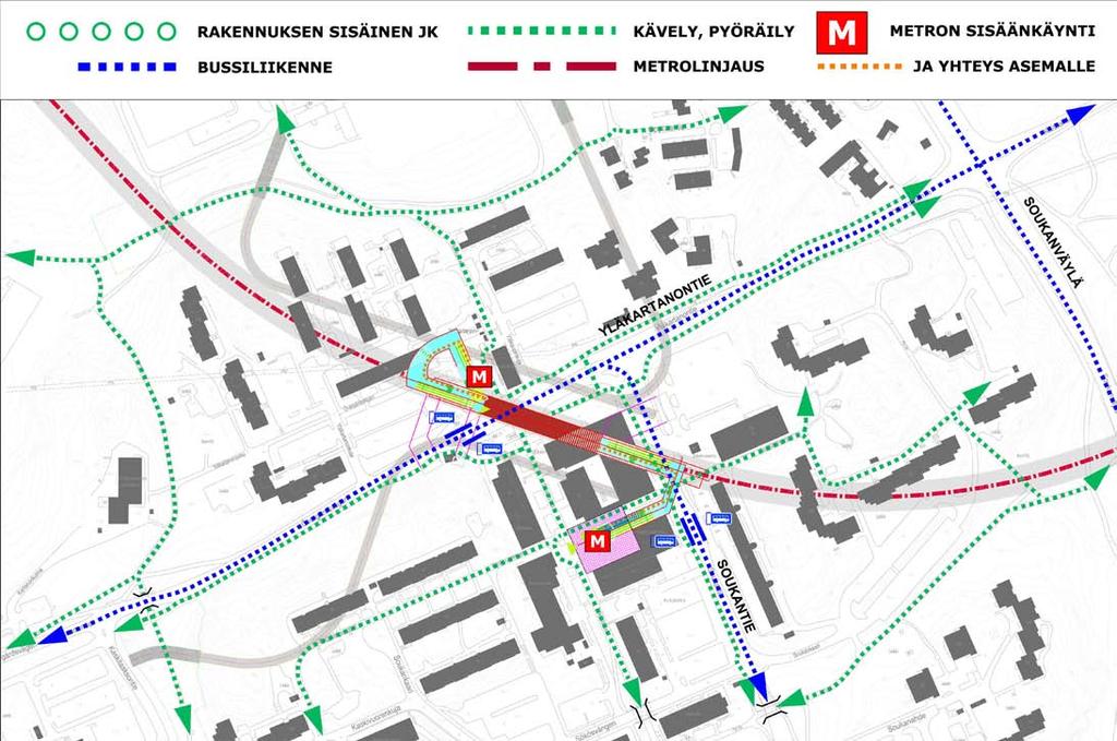 Alueen bussilinjastot käyttävät Kaitaantietä ja metroa palvelevat pysäkit sijoittuvat metron läntisen sisäänkäynnin läheisyyteen molemmin puolin Iivisniemenkadun liittymää.