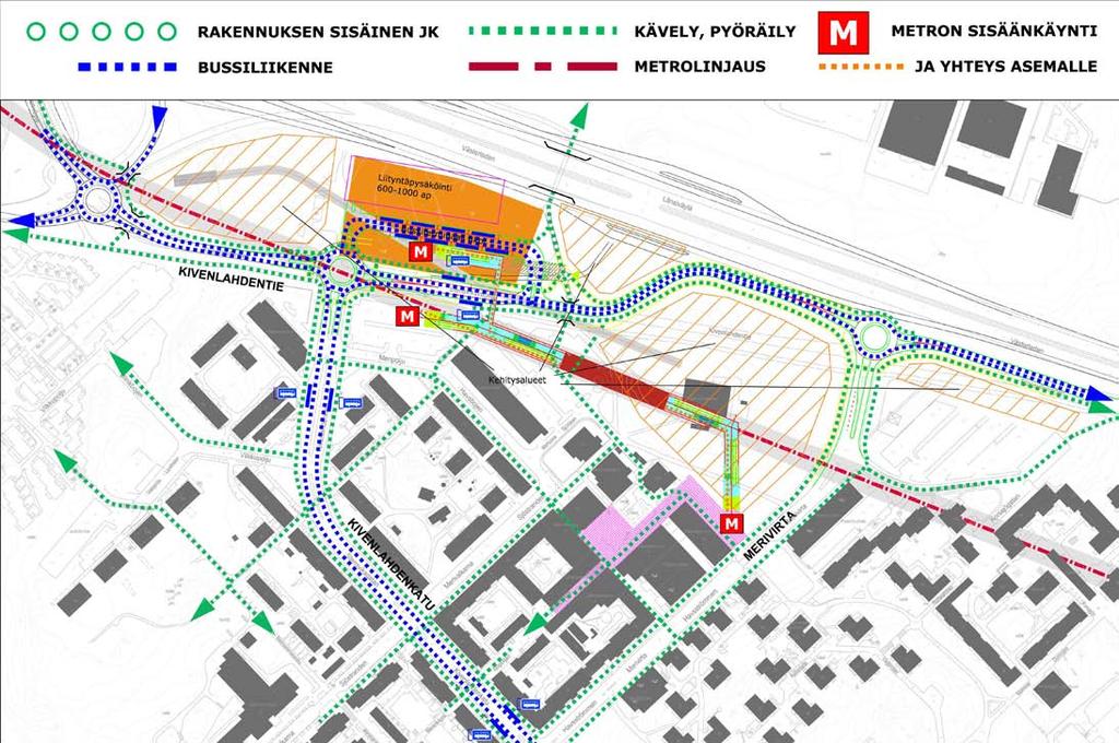 46 46 Matinkylä Kivenlahti metro, alustava yleissuunnitelma SUUNNITELMAT 5.5.6. Kivenlahden asema Kivenlahden metroaseman läntinen sisäänkäynti sijoittuu Kivenlahdenkadun itäpuolelle ja itäinen Merivirran ja Seitsenmerenreitin kulmaan.