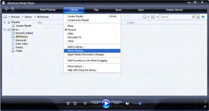 Windows Media Player v11 Windows XP - järjestelmässä 1 Verkkojakamisen määrittäminen 2 Valitse Windows Media Player -soittimen valikosta Library (Kirjasto) ja valitse Media sharing... (Median jakaminen.