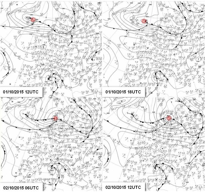 löytyy SYNOP-havainnot, pintapaineen samanarvonkäyrät ja meteorologien tulkitsemat rintamat.