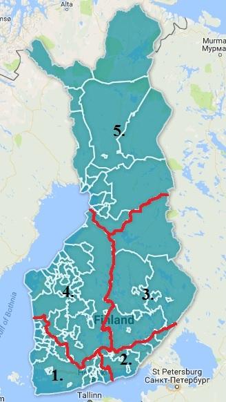 ja Kainuun ja alue 5 käsittää Lapin ja Oulun seudun. Tarkemmat yhtiökohtaiset aluejaot löytyvät liitteestä 1.