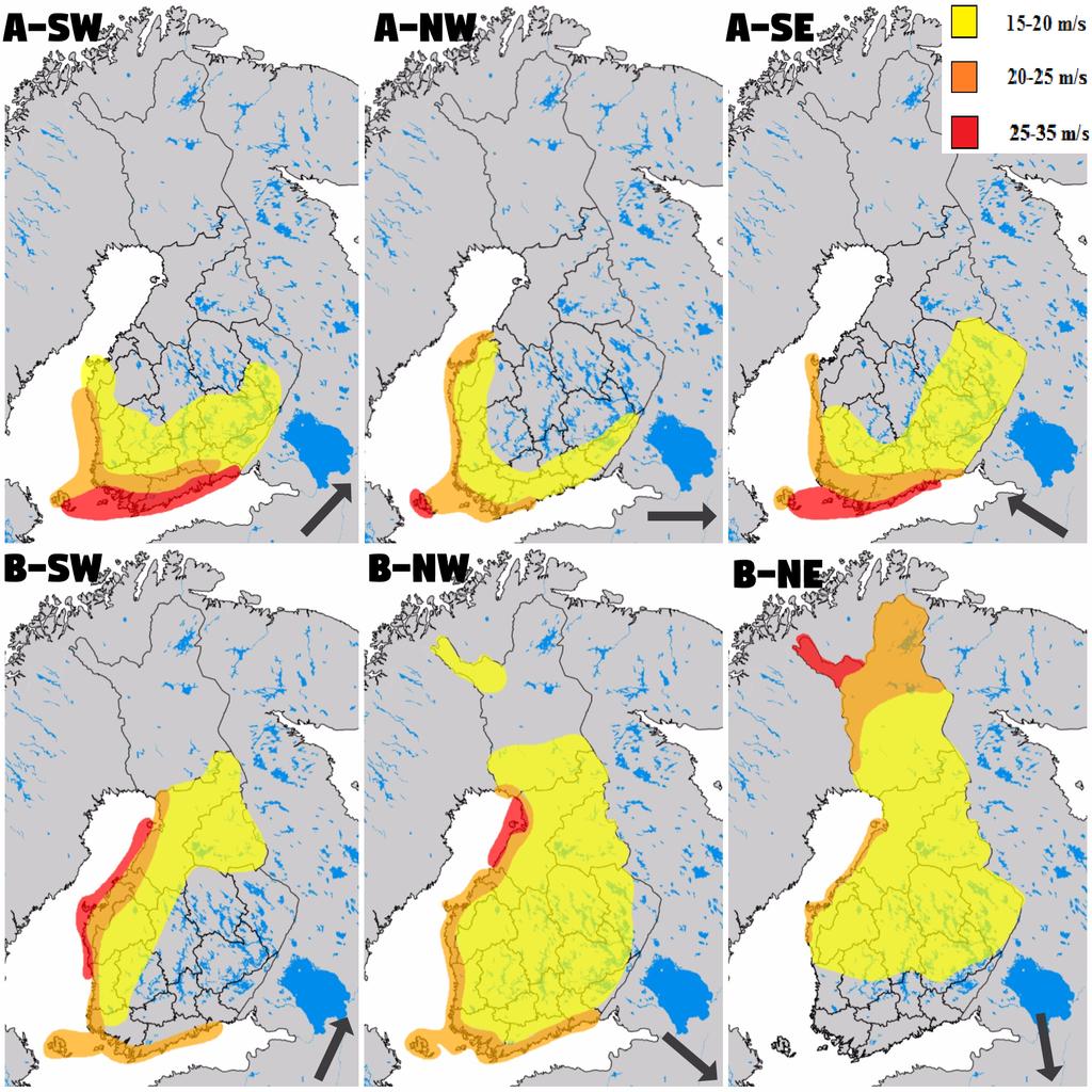 Kuva 11. Myrskyluokille tyypilliset maksimipuuska-alueet. Keltainen 15-20 m/s, Oranssi 20-25 m/s, punainen 25-35 m/s.