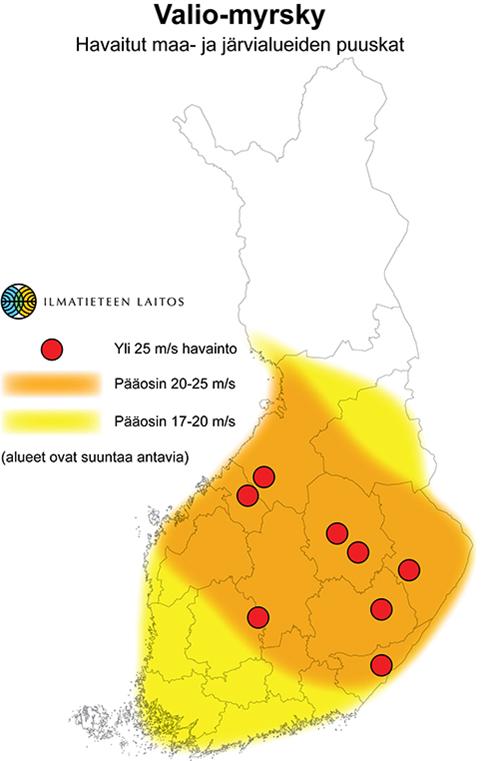 den puuskien sovittaminen keskivertoon puuskajakaumaan on haasteellista. Kainuun alueella puuskat ylsivät 17-23 m/s. Kuva 17. Valio-myrskyn havaitut puuskat. Lähde: Ilmatieteen laitos. 5.