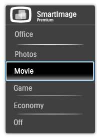 3. Kuvan optimointi Valittavanasi on kuusi tilaa: Office (Toimisto), Photo (Valokuva), Movie (Elokuva), Game (Peli), Economy (Säästö) ja Off (Pois) päältä. 3.2 SmartContrast Määritelmä?