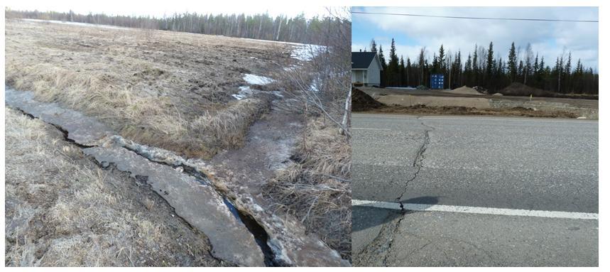 Kuva 421_5. Paannejäätä oikeassa ojassa paalun 7200 m kohdalla (oikea kuva). Samalla kohtaa tiessä poikkihalkeama (vasen kuva).