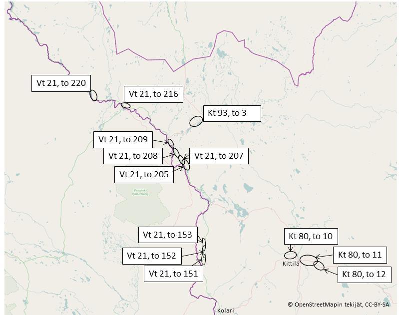 2. Seurantakohteet Kittilän hoitoalueella Kittilän hoitoalueella erikoiskuivatuskohteet olivat vuonna 2011 seuraavilla tieosilla (kuva 2_1): - Vt 21, tieosat 151, 152, 153, 205, 207, 208, 209, 220 -