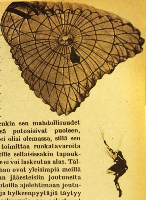 Kuvassa on amerikkalainen Hoffman-kupu. Tämän muotoisia kupuja näkyy myös vielä Senior Skydivers ry:n 1960-luvun kuvakokoelmasta.