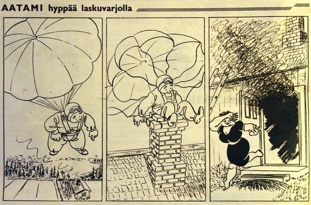 Laskuvarjohyppyjä pilapiirroksissa 1930 luvun jälkipuoliskolla laskuvarjohyppyjä on ilmeisesti tehty ainakin puolustusvoimien ulkopuolella aiempaa huomattavasti vähemmän koska aikakauden lehdistä