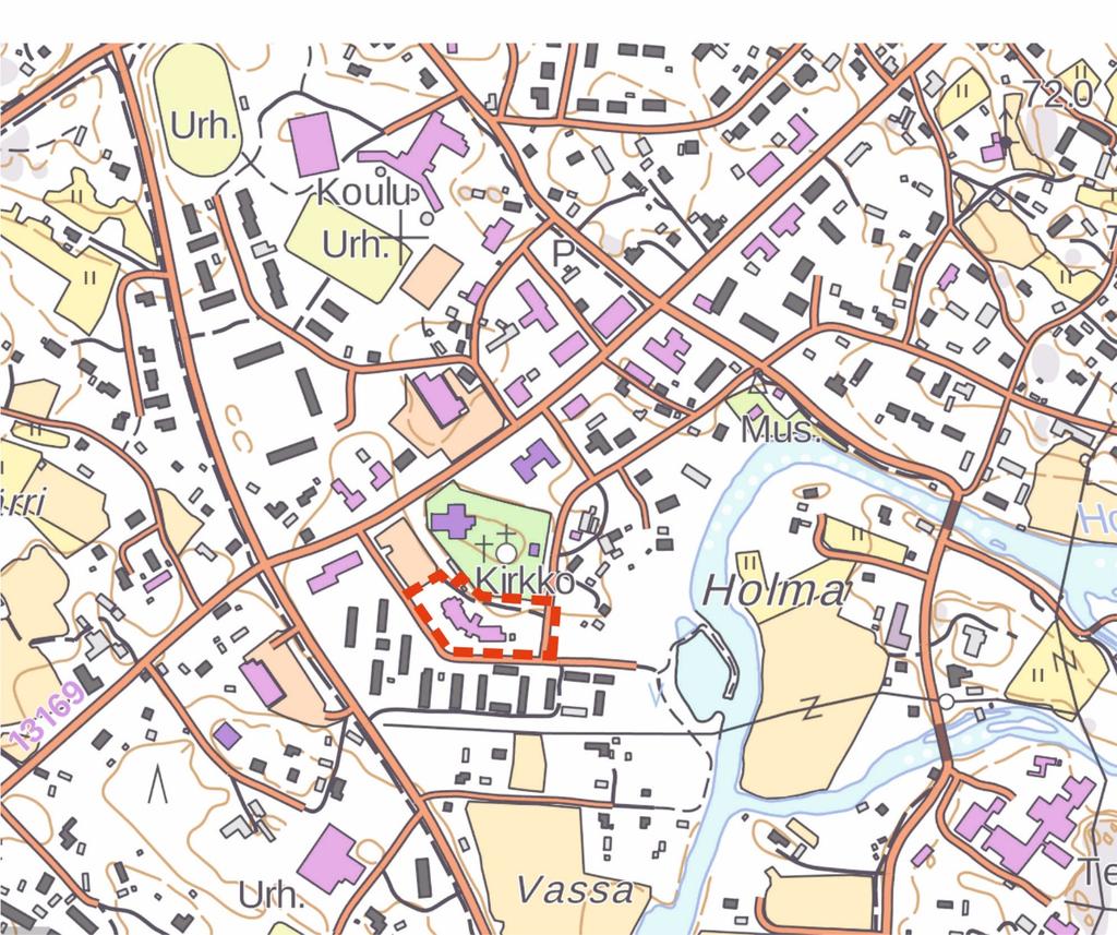 Kuva 1 Sijainti. Suunnittelualue on merkitty punaisella rajauksella. 2. LÄHTÖKOHDAT JA TAVOITTEET Kaava-alueella sijaitsee 1100 k-m2 suuruinen vanhusten hoivayksikkö.