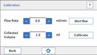 3 Huoltotoimenpiteet 3.6 Pump 3.6.1 Calibration 3 Aseta haluamasi Flow Rate ylä-/alanuolipainikkeilla. 4 Valitse Start flow, jotta Pump käynnistyy.