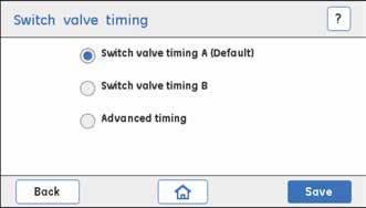 3 Huoltotoimenpiteet 3.14 System 3.14.4 Switch valve timing 3.14.4 Switch valve timing Ohjeet Kytkentäventtiilin ajoitusta pitää ehkä muuttaa, jos gradientissa havaitaan vaihteluita.