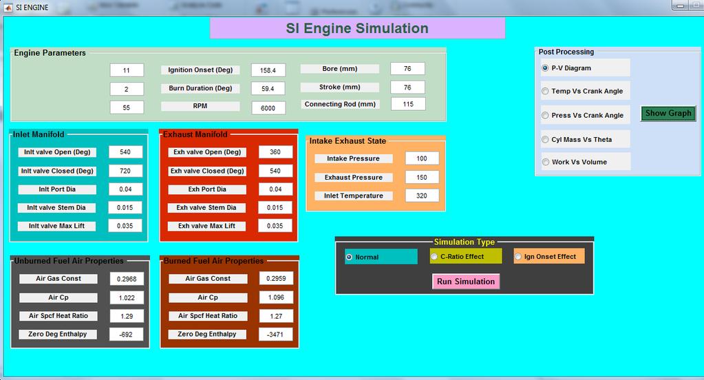 52 4.3 Sytytyksen ajoituksen vaikutukset Kuviossa 29 on MATLAB ohjelma SI Engine Simulation, jonka on kehittänyt Rakesh Mandal.