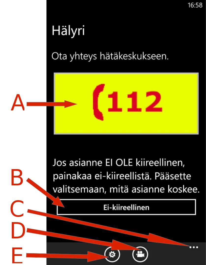 Kuva 4.2: Älypuhelinsovelluksen aloitusnäkymä. E Asetukset-painike avaa sovelluksen asetussivun, joka on esitetty kuvassa 4.4. Ei-kiireellisen tehtävän valinnan näkymä on esitetty kuvassa 4.3.