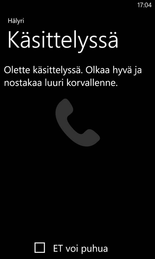 Kuva 4.7: Yhteys on otettu käsittelyyn hätäkeskuksessa. Jos käyttäjä ilmoittaa ET voi puhua -painikkeella, ettei voi pitää ääntä, avautuu kuvassa 4.8 esitetty tekstipohjaisen viestinnän näkymä.